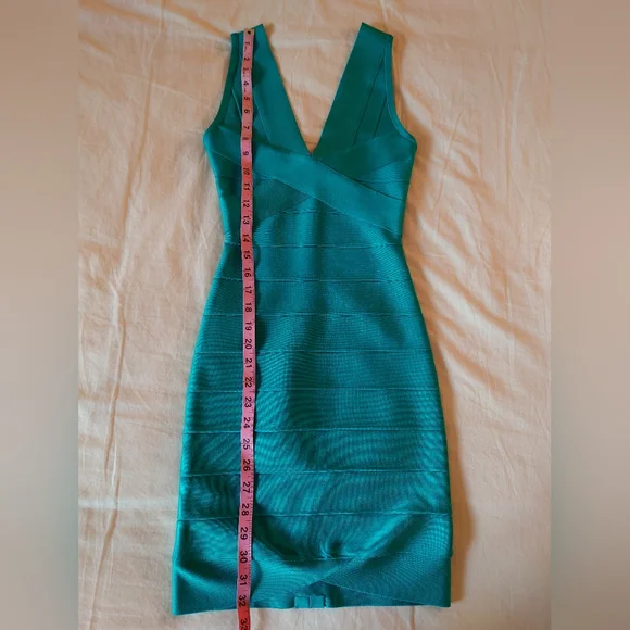 NWOT Bright Teal HERVE LEGER V- Neck Mini Bandage Dress XS $790 - Picture 8 of 14